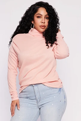 Womens Plus Size Rib Knit Turtleneck Top, Pink, Size 3X