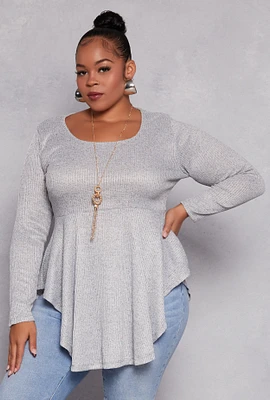 Womens Plus Size Ribbed Knit Peplum Top with Necklace, Grey, Size 1X