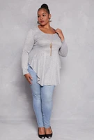 Womens Plus Size Ribbed Knit Peplum Top with Necklace, Grey, Size 1X