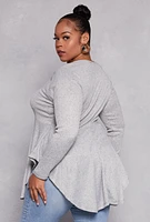 Womens Plus Size Ribbed Knit Peplum Top with Necklace, Grey, Size 1X