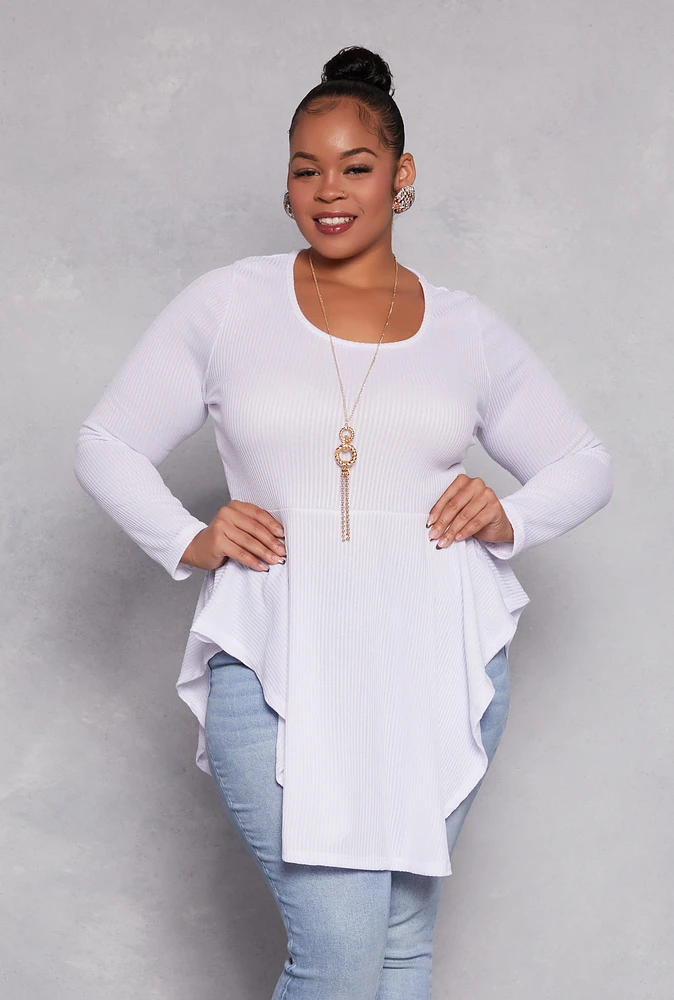 Womens Plus Size Ribbed Knit Peplum Top with Necklace, White, Size 2X