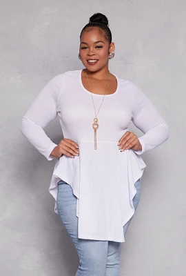 Womens Plus Size Ribbed Knit Peplum Top with Necklace, White, Size 2X