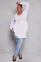 Womens Plus Size Ribbed Knit Peplum Top with Necklace, White, Size 2X