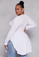 Womens Plus Size Ribbed Knit Peplum Top with Necklace, White, Size 2X