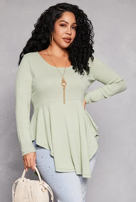 Womens Plus Size Ribbed Knit Peplum Top with Necklace, Green, Size 1X