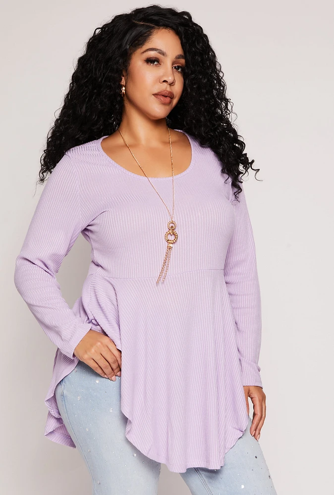 Womens Plus Size Ribbed Knit Peplum Top with Necklace, Purple, Size 3X