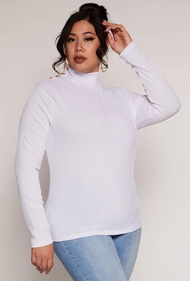 Womens Plus Size Button Detail Mock Neck Top, White, Size 3X