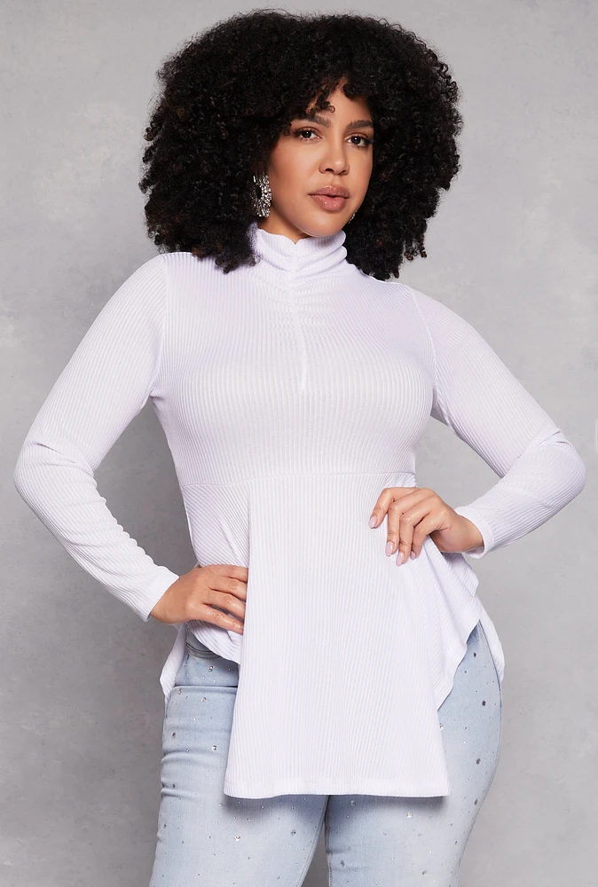 Womens Plus Size Rouched Mock Neck Peplum Top, White, Size 3X