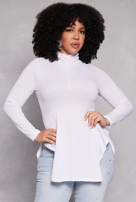 Womens Plus Size Rouched Mock Neck Peplum Top, White, Size 3X