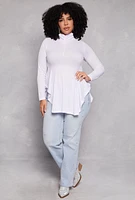 Womens Plus Size Rouched Mock Neck Peplum Top, White, Size 3X