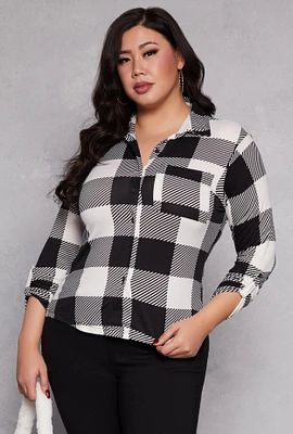 Womens Plus Buffalo Plaid Tabbed Sleeve Shirt,