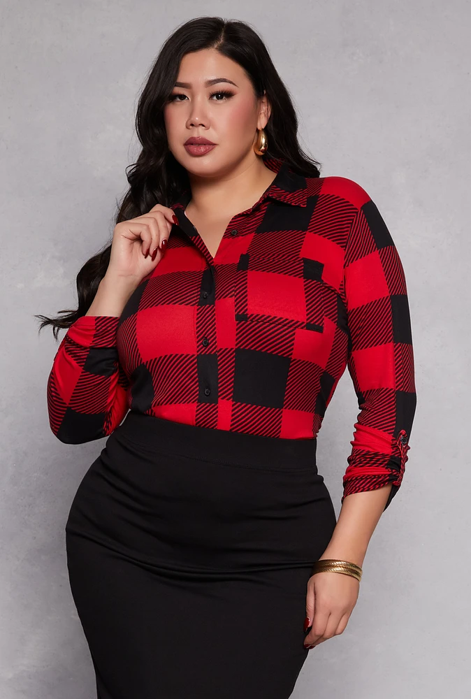 Womens Plus Size Buffalo Plaid Tabbed Sleeve Shirt, Red, Size 4X