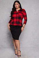 Womens Plus Size Buffalo Plaid Tabbed Sleeve Shirt, Red, Size 3X