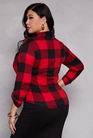 Womens Plus Size Buffalo Plaid Tabbed Sleeve Shirt, Red, Size 4X