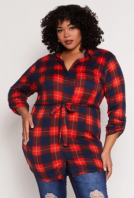 Womens Plus Size Plaid Tie Waist Belted Shirt, Red, Size 2X