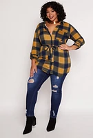 Womens Plus Size Plaid Tie Waist Belted Shirt, Yellow, Size 2X