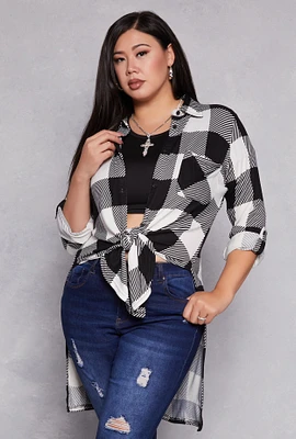 Womens Plus Plaid Tie Front High Low Top, 3X