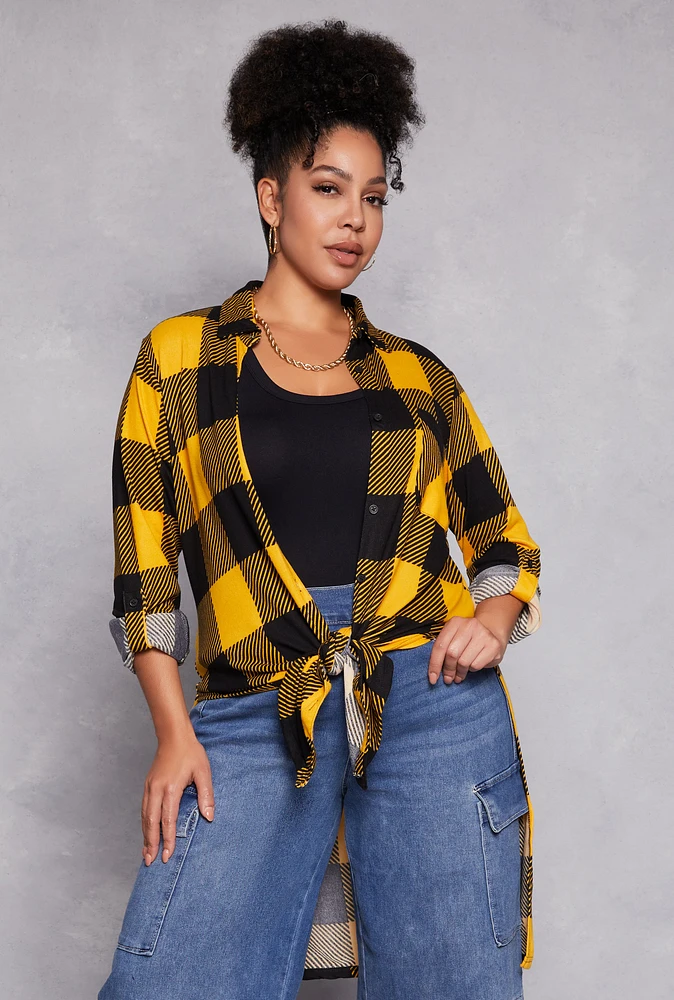 Womens Plus Size Plaid Tie Front High Low Top, Yellow, Size 3X
