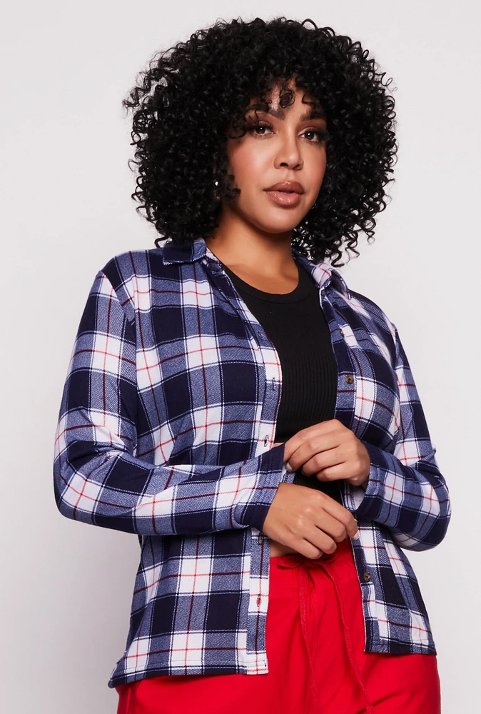 Womens Plus Size Plaid Button Front Shirt, Blue, Size 1X