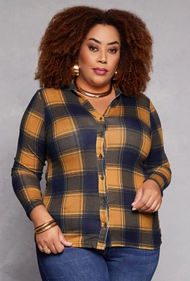 Womens Plus Size Plaid Button Front Shirt, Yellow, Size 2X