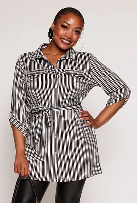 Womens Plus Size Striped Tie Waist Button Front Tunic Shirt, Multi, Size 3X