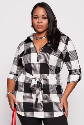 Womens Plus Size Buffalo Plaid Half Zip Tunic Top, Multi, Size 3X