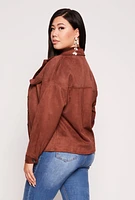 Womens Plus Size Faux Suede Button Front Top, Brown, Size 2X