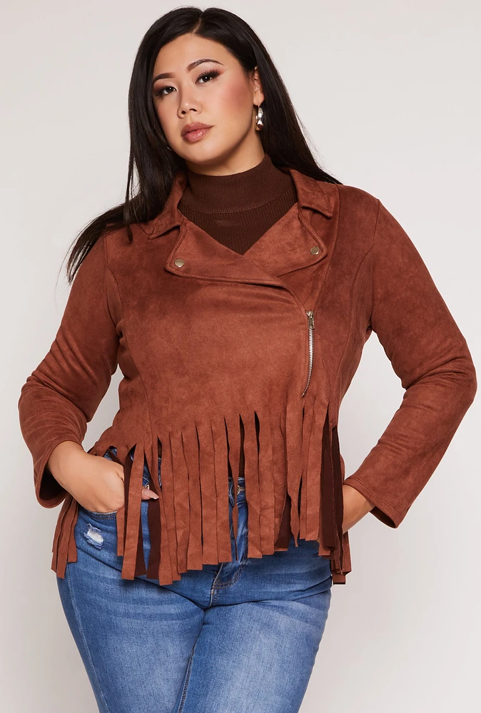 Womens Plus Faux Suede Fringe Hem Moto Jacket,