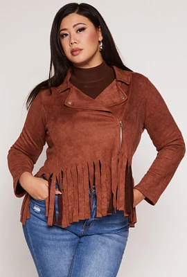 Womens Plus Size Faux Suede Fringe Hem Moto Jacket, Brown, Size 2X