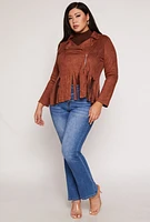 Womens Plus Faux Suede Fringe Hem Moto Jacket,