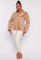 Womens Plus Faux Suede Fringe Hem Moto Jacket,