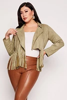 Womens Plus Size Faux Suede Fringe Hem Moto Jacket, Green, Size 1X