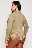 Womens Plus Size Faux Suede Fringe Hem Moto Jacket, Green, Size 2X