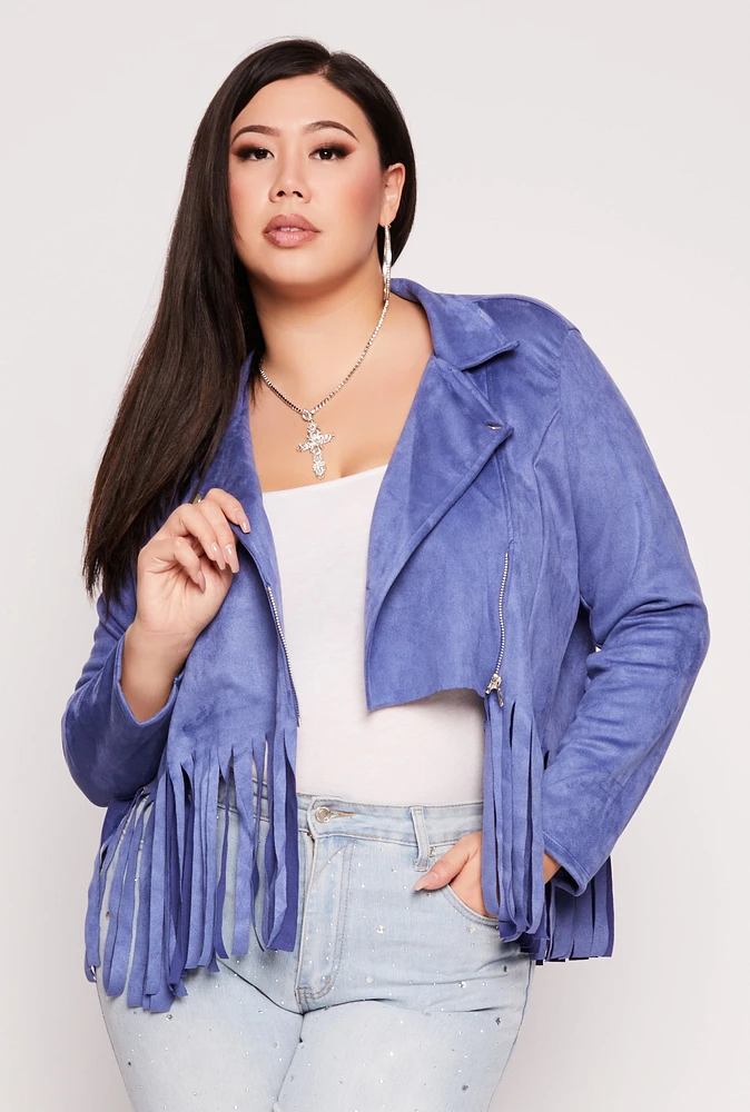 Womens Plus Size Faux Suede Fringe Hem Moto Jacket, Blue, Size 4X