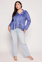 Womens Plus Size Faux Suede Fringe Hem Moto Jacket, Blue, Size 4X