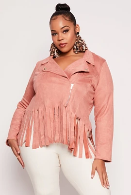 Womens Plus Size Faux Suede Fringe Hem Moto Jacket, Pink, Size 3X