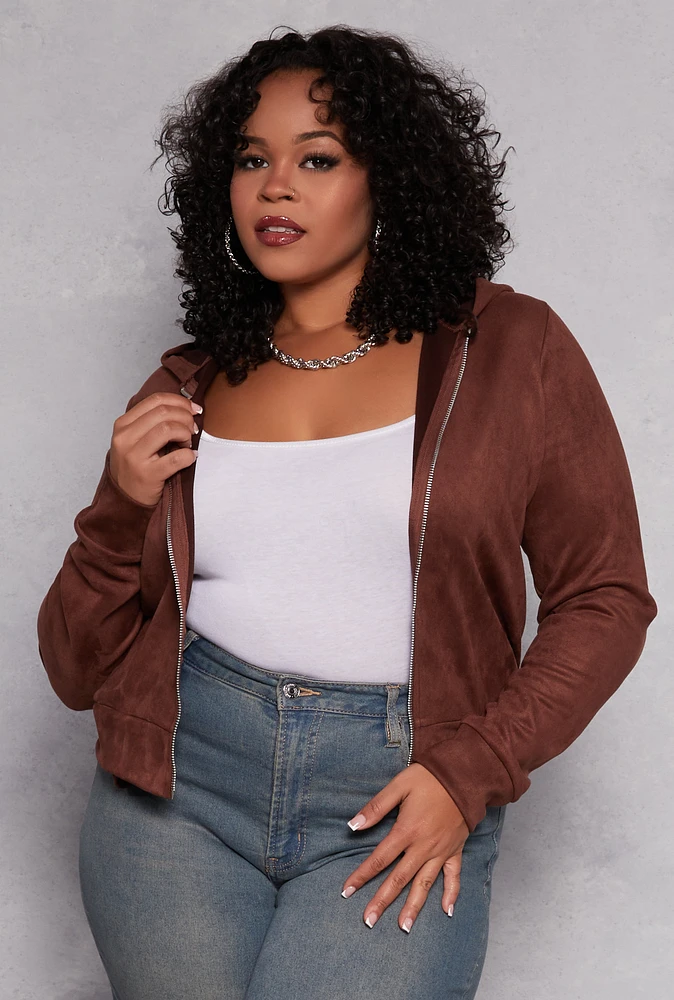 Womens Plus Size Faux Suede Zip Front Hoodie, Brown, Size 2X