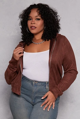 Womens Plus Size Faux Suede Zip Front Hoodie, Brown, Size 2X