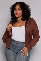 Womens Plus Size Faux Suede Zip Front Hoodie, Brown, Size 2X