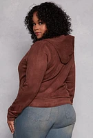 Womens Plus Size Faux Suede Zip Front Hoodie, Brown, Size 2X