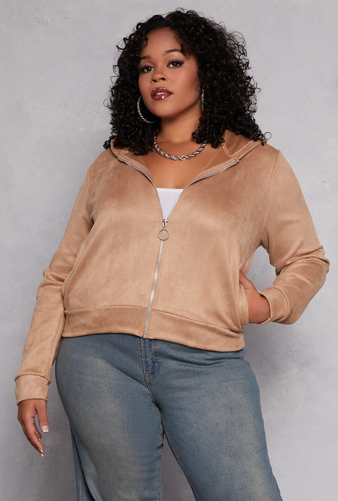 Womens Plus Size Faux Suede Zip Front Hoodie, Beige, Size 1X