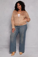 Womens Plus Faux Suede Zip Front Hoodie,
