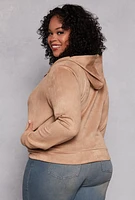 Womens Plus Size Faux Suede Zip Front Hoodie, Beige, Size 1X