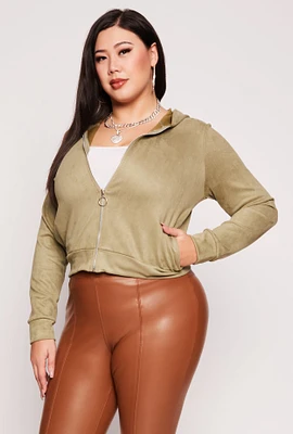 Womens Plus Size Faux Suede Zip Front Hoodie, Green, Size 3X