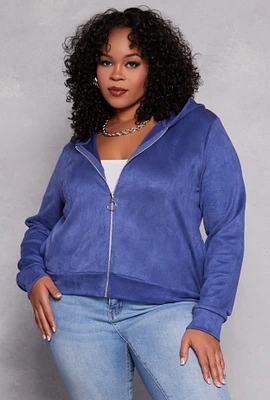 Womens Plus Size Faux Suede Zip Front Hoodie, Blue, Size 1X