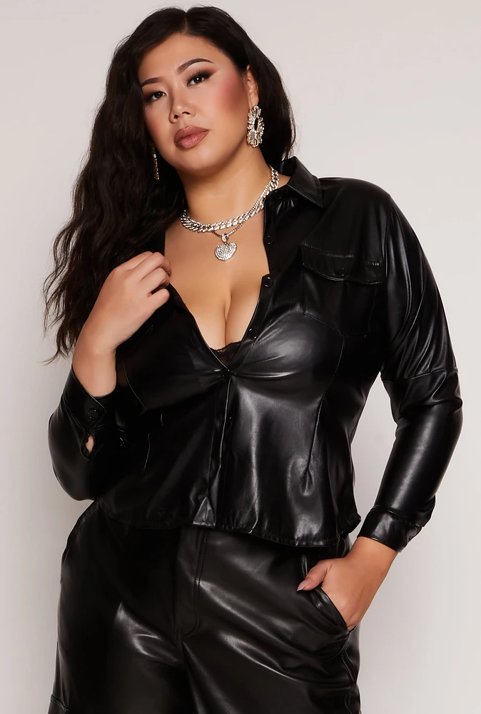 Womens Plus Size Faux Leather Button Front Shirt, Black, Size 3X