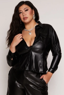 Womens Plus Size Faux Leather Button Front Shirt, Black, Size 3X