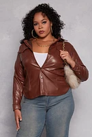 Womens Plus Size Faux Leather Button Front Shirt, Brown, Size 4X