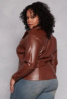 Womens Plus Size Faux Leather Button Front Shirt, Brown, Size 4X