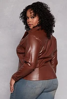 Womens Plus Size Faux Leather Button Front Shirt, Brown, Size 3X